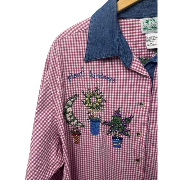 Quacker Factory Rose Red Gingham Button Shirt Denim Plants 1X Spring Top Checks - Picture 2 of 8